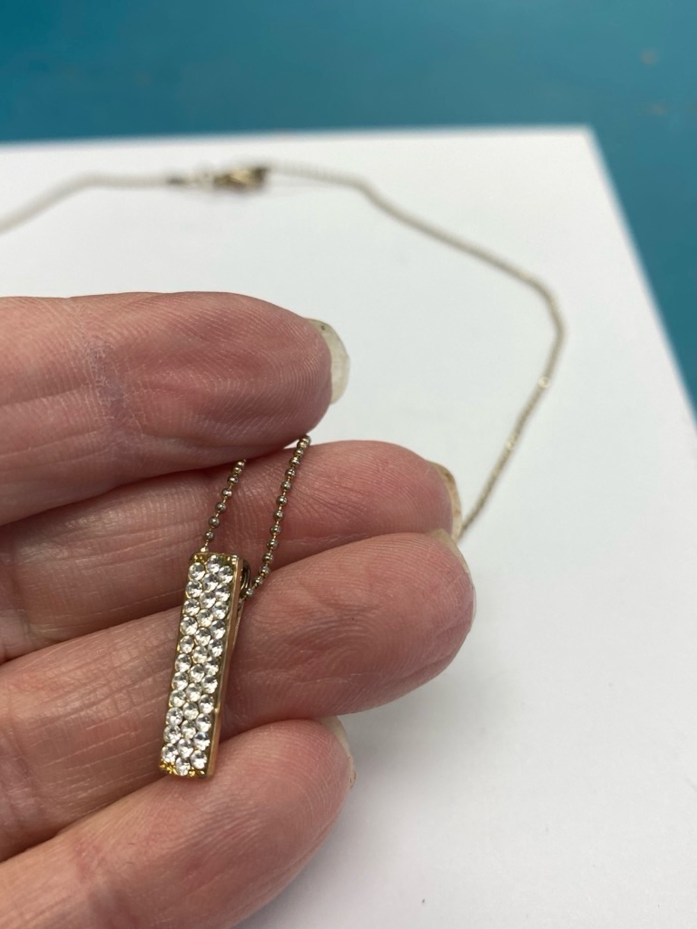 Gold tone Bar Pendant Necklace with Crystal Accents - Women's Jewelry - Picture 4 of 5